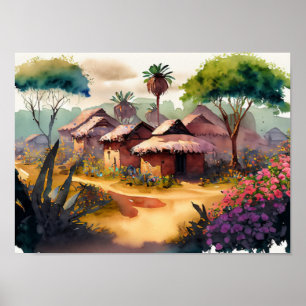 Poster Art numérique d'aquarelle du village africain