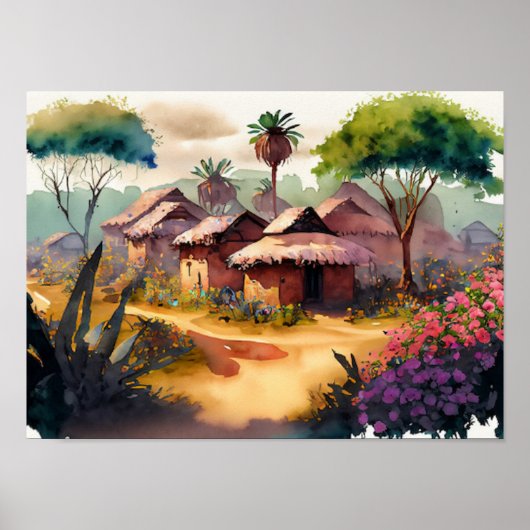 Poster Art numérique d'aquarelle du village africain (Devant)