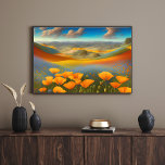 Poster Art numérique Dreamy Poppies<br><div class="desc">Paysage rêvé L'IA a généré de l'art numérique avec des vallées de fleurs florissantes,  des nuages moelleux et de charmants pavots de Californie à l'avant-plan.</div>