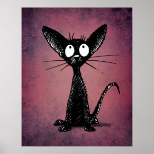 Poster Art oriental mignon de chat noir sur le pourpre