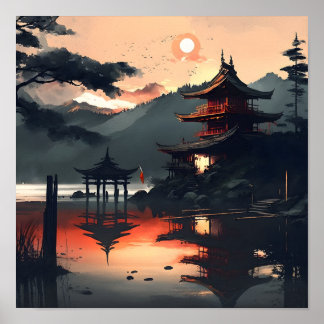 Poster Art Paysage japonais, Aquarelle ai généré ar