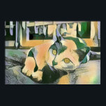 Poster Art Pop Moderne Calico Kitty Pour Amoureux de les<br><div class="desc">C'est une illustration numérique de style pop art moderne d'un chat calico se reposant sur un coussin devant certaines fenêtres. Il est réalisé dans un style de bande dessinée avec des tons de couleur muet de jaune,  vert et gris.</div>