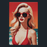 Poster Art pop rétro : Blonde élégant en Bikini rouge<br><div class="desc">Illustration pop art rétro frappante montrant une femme blonde stylée en bikini rouge. Ses lunettes de soleil rouges et audacieuses complètent son rouge à lèvres vibrant, créant une scène de plage captivante et nostalgique. Les couleurs vives et les lignes épurées évoquent une esthétique pop art du milieu du 20ème siècle,...</div>