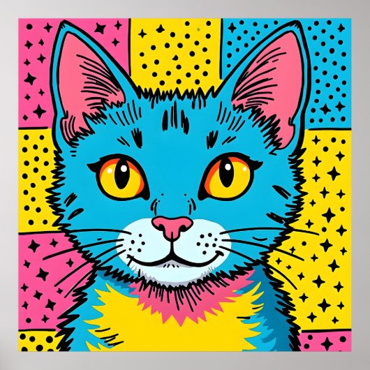 Poster Art Pop Rétro Chat Bleu Style 80's (Devant)