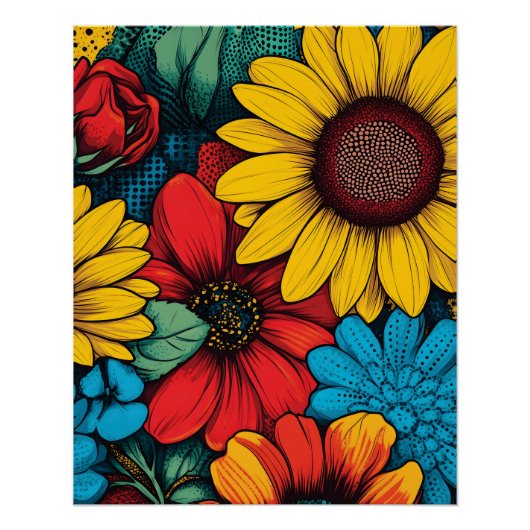 Poster Art Pop Vibrant Design floral avec tournesols (Devant)