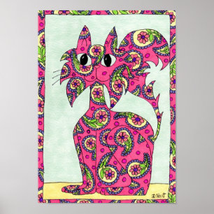 Poster Art populaire de chats rose Paisley