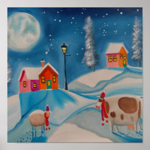 Poster art populaire de scène de neige d'hiver de moutons