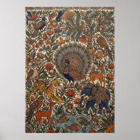 Art populaire indien Kalamkari Paon Tigre Éléphant