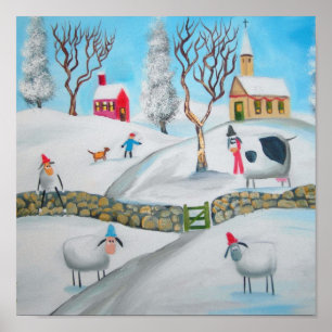 Poster art populaire naïf de scène de neige d'hiver de