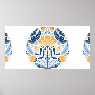 Poster Art populaire ornement rond avec oiseaux, roses et