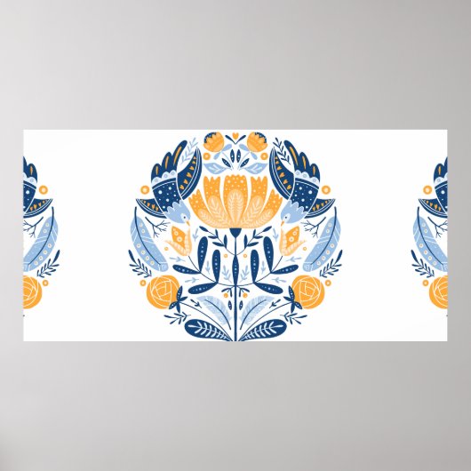Poster Art populaire ornement rond avec oiseaux, roses et (Devant)