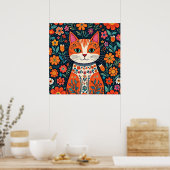 Poster Art populaire Whimsical Chat et Fleurs (Cuisine)