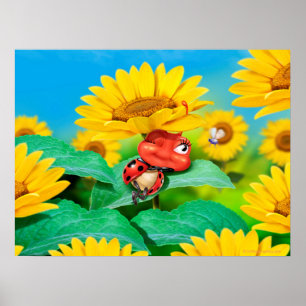 Poster art sleepy Ladybug and sunflowers