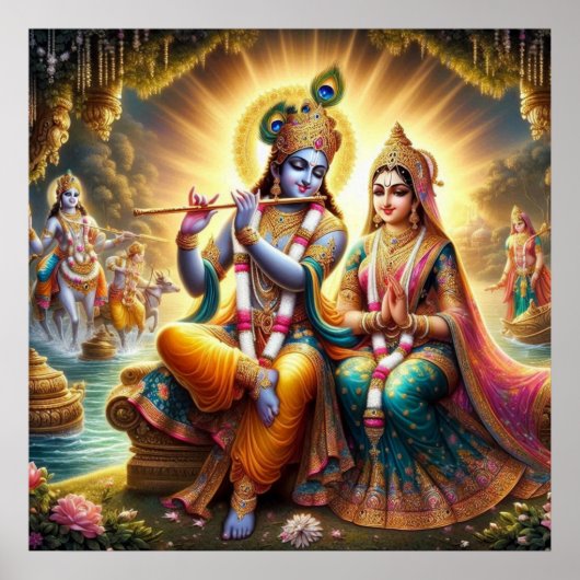 Poster Art traditionnel divin et vibrant de Radha Krishna (Devant)
