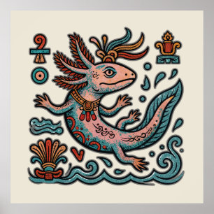 Poster Art tribal bohème aztèque axolotl Xolotl pierre ér