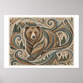 Poster art tribal grizzly