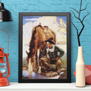 Poster Art vintage, Cow-boy abreuvant son cheval par NC W