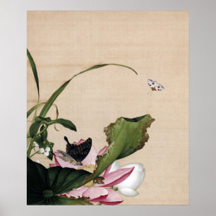 Poster Art vintage de chinoiserie lotus et papillon