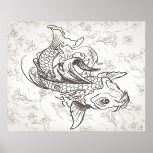 Poster art vintage japonais koi poisson