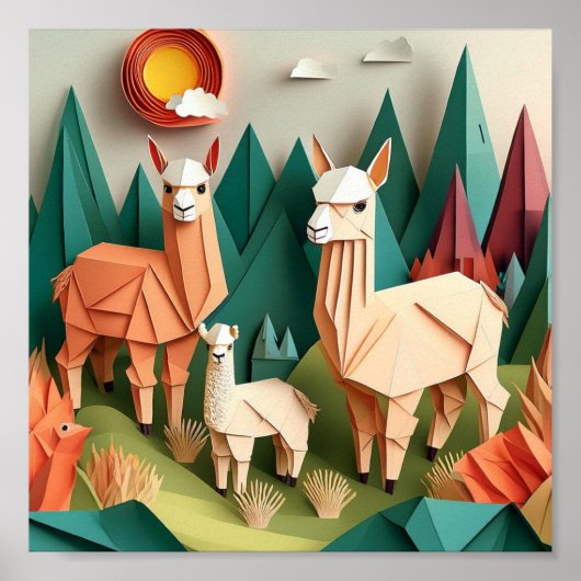 Poster Artisanat en papier Alpacas Origami Scène 3D (Devant)