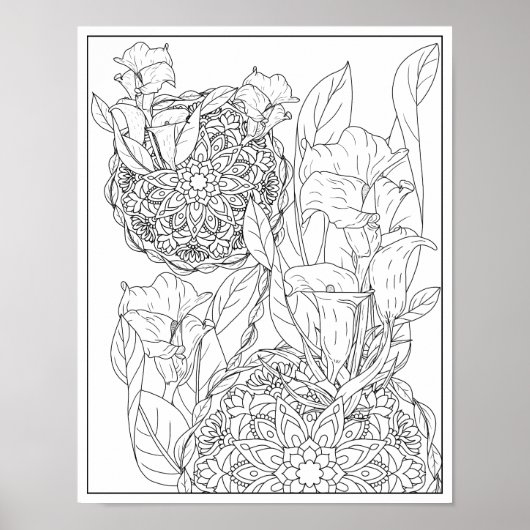 Poster Arum Lilies et Feuille Mandala Coloration adulte (Devant)