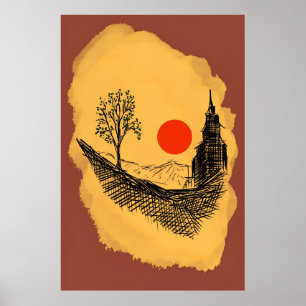 Poster asia house arbre oriental soleil culture campagne
