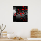 Poster Asian Red Black White Bamboo Floral (Keuken)