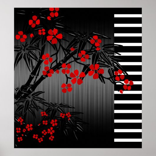 Poster Asian Red Black White Bamboo Floral 2 (Devant)