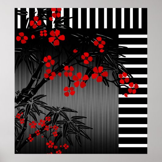 Poster Asian Red Black White Bamboo Floral 4 (Voorkant)