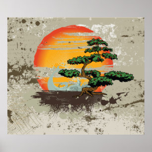 poster asiatique bonsai et soleil personnalisé