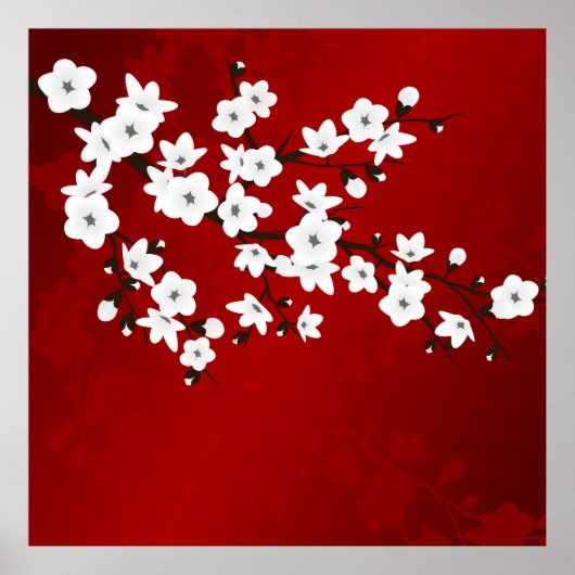 Poster Asie Floral blanc cerisier rouge (Devant)