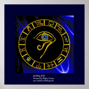 POSTER ASTRAL HORUS EYE, GRAPHE BLUE TALISMAN OR ZODIAC