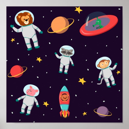 Poster Astronaut Animaux Dans Le Motif Spatial I (Devant)