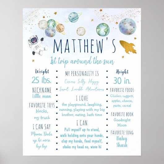 Poster Astronaut Space Blue Gold Premier anniversaire (Devant)