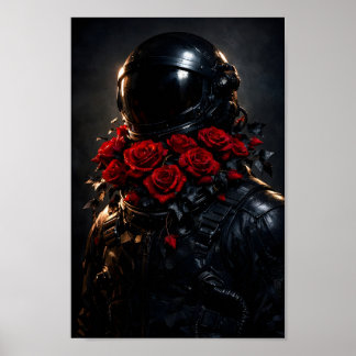 Poster Astronaute Costume Noir Roses Rouges Art Floral Sp