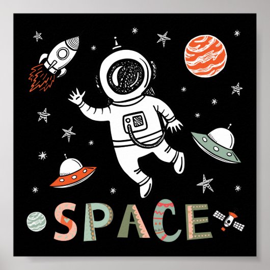 Poster Astronaute du cosmos vaisseau fusée planètes (Devant)
