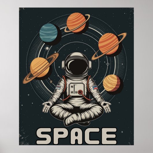 Poster Astronaute Rétro Médite dans l'Espace (Devant)