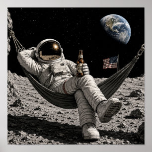 Poster Astronaute se détendant avec de la bière sur la Lu