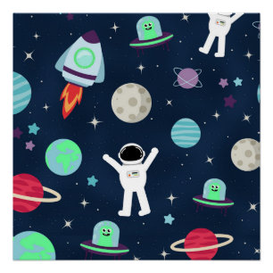 Poster Astronautes Planètes Fusées et Aliens