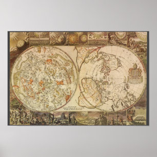 Poster Astronomie Vintage, Carte Planisphère Céleste