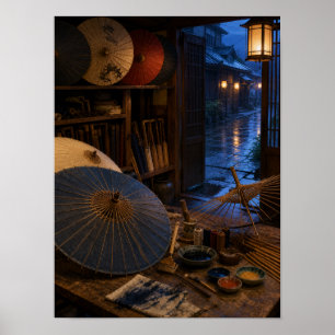 Poster Atelier de parapluie en papier pluvieux 12x16 Affi