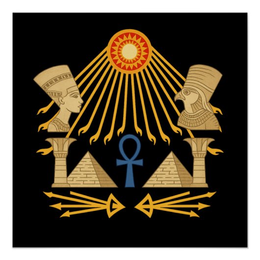 Poster Aten Sun Disc – Ankh, Horus & Nefertiti (Devant)
