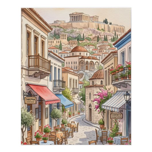 Poster Athènes charmant Grèce Rue Aquarelle (Devant)