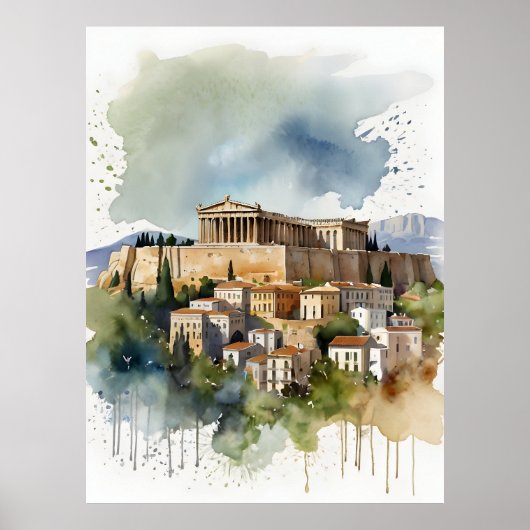 Poster Athènes Grèce aquarelle (Devant)