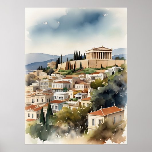 Poster Athènes Grèce aquarelle (Devant)