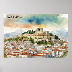 Poster Athènes Grèce aquarelle peinture Panorama