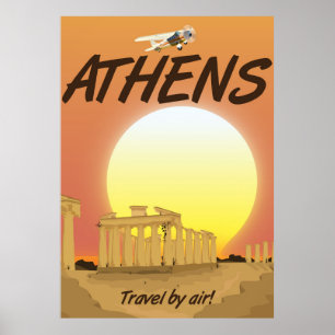 Poster Athènes "Voyage par avion" Coucher de soleil doré