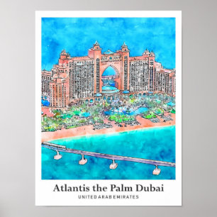 Poster Atlantis Palm Dubai UAE Travel Watercolor