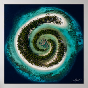Poster Atoll en spirale avec vue satellite d'un village f