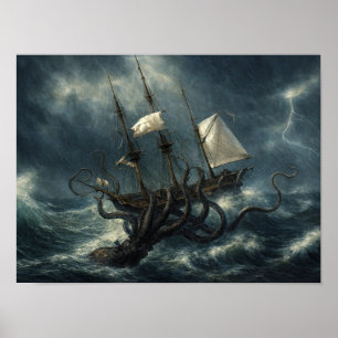 Poster Attaque de Kraken sur un navire Steampunk